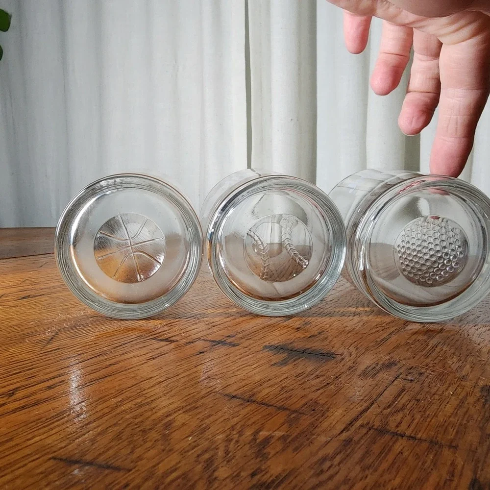 3 Jim Beam Etched Whiskey Glasses - Basketball,Golfball Baseball On bottom